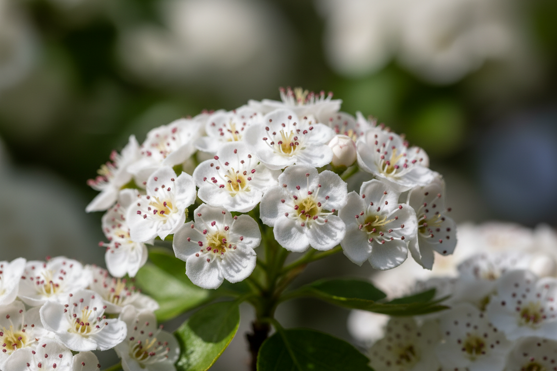 Hawthorn flowers up close