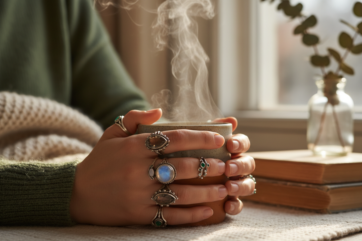 Woman’s hands with beautiful rings holding a mug of tea 
